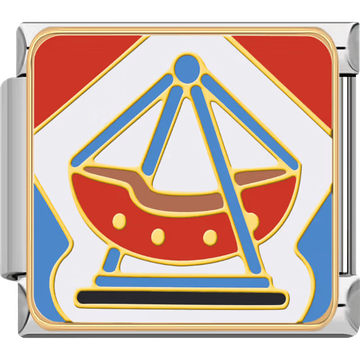 A red and blue swinging pirate-ship carnival ride inside a shiny silver Italian charm.